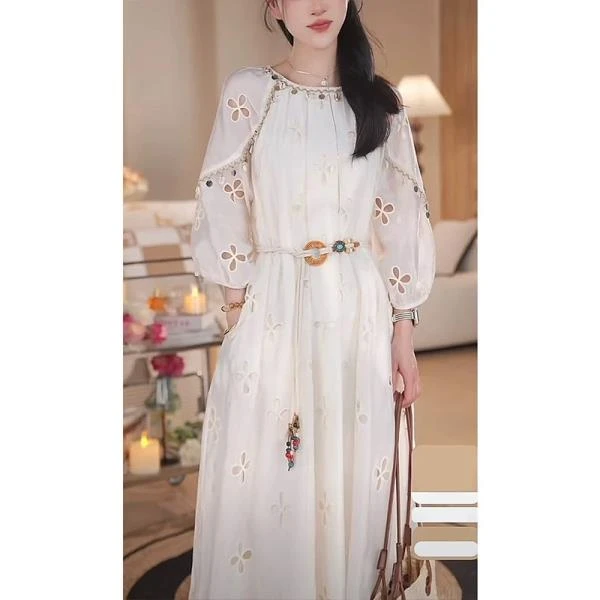 【小鹿lulu专属】送腰带夏威夷2025新款复古高级珠片刺绣蕾丝连衣裙