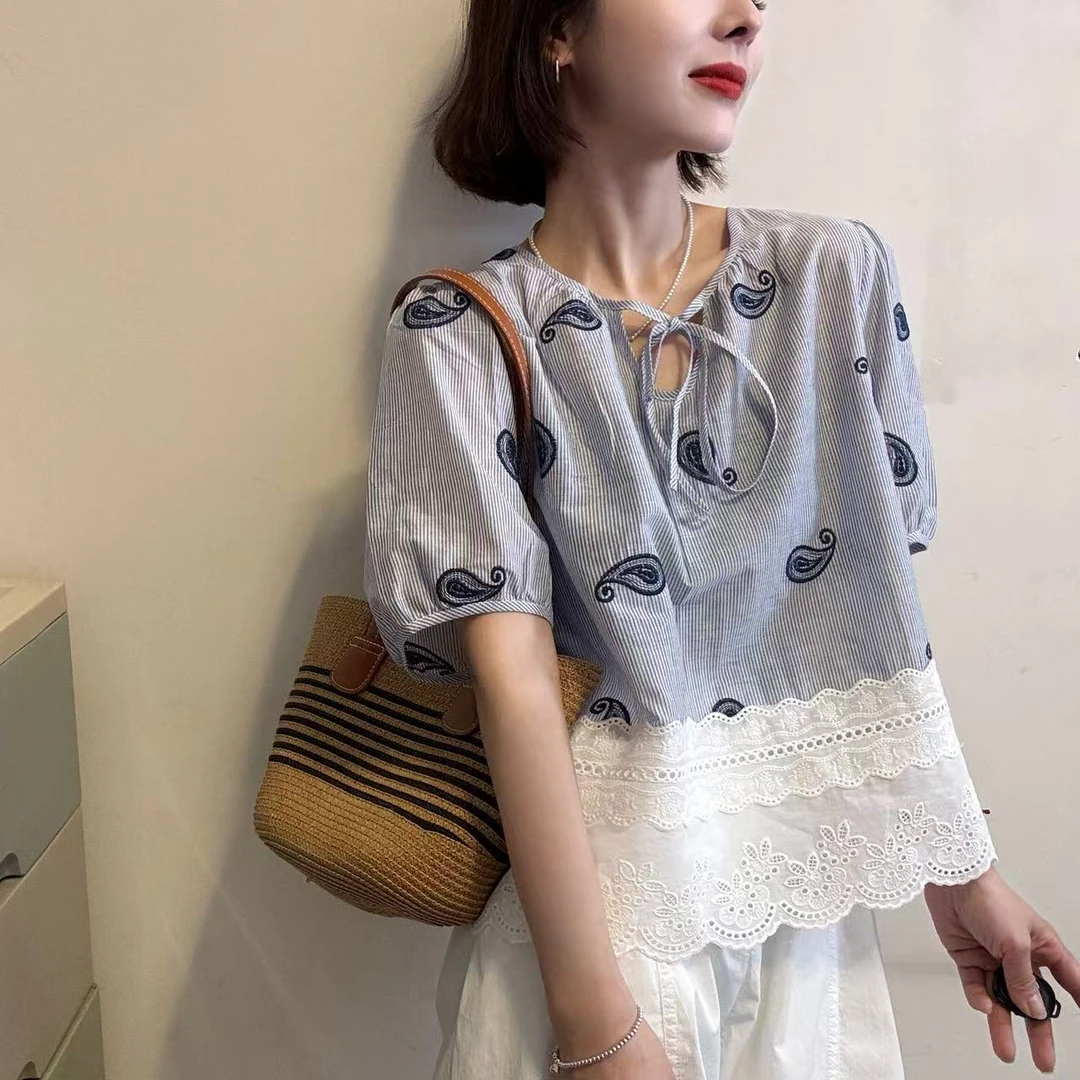 系带衬衫圆领遮肚拼接蕾丝短袖衬衣设计感气质老钱风松弛感女装