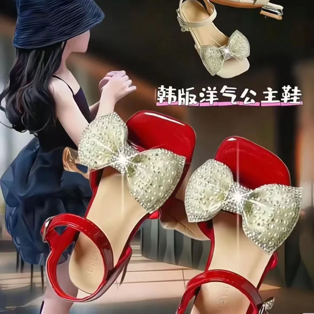 女童凉鞋2025夏季最新洋气中大童公主蝴蝶结软底小高跟小孩子凉鞋