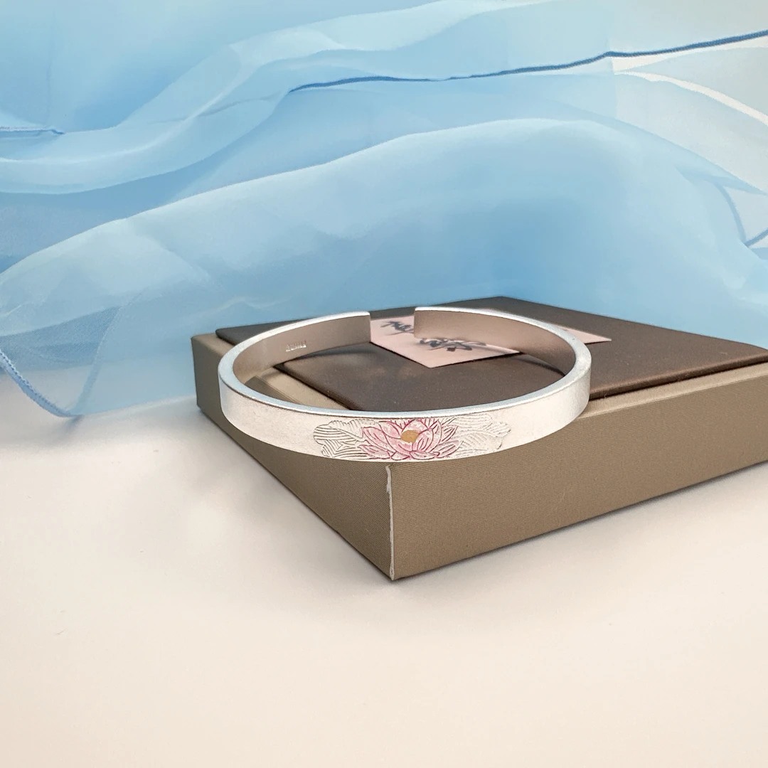 足银手镯 银9999古法珐琅彩莲花手镯实心气质荷花高级感时尚百搭