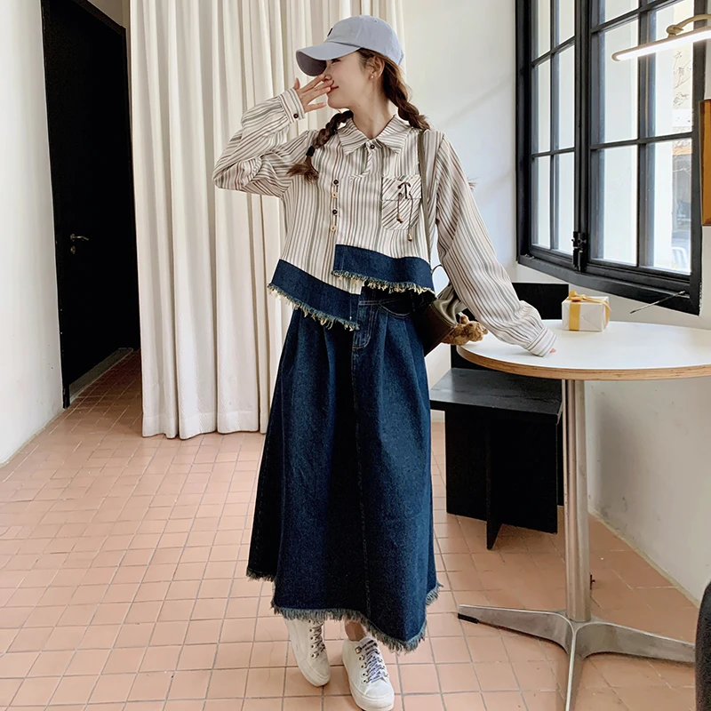 小众牛仔拼接条纹衬衫套装裙女2025春季新款高腰流苏半身裙两件套