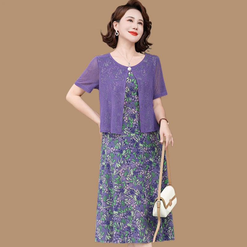 妈妈夏装碎花假两件洋装2025新款中年女装洋派雪纺短袖遮肚裙子