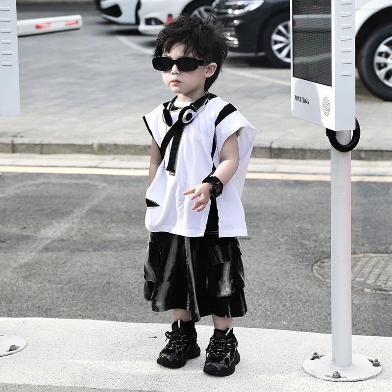 儿童夏季新款黑白拼接背心痞帅T恤无袖上衣短裤套装新款时尚套装1