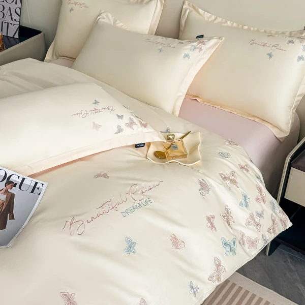孙大漂亮【一生全棉系列】新款全棉绣花四件套 恋蝶奶白 xsg  040