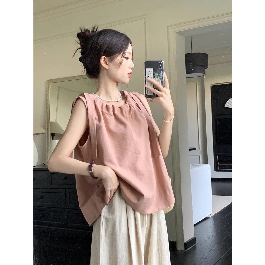 粉色韩版甜美无袖上衣女ins宽松复古休闲系带设计感气质度假风T恤