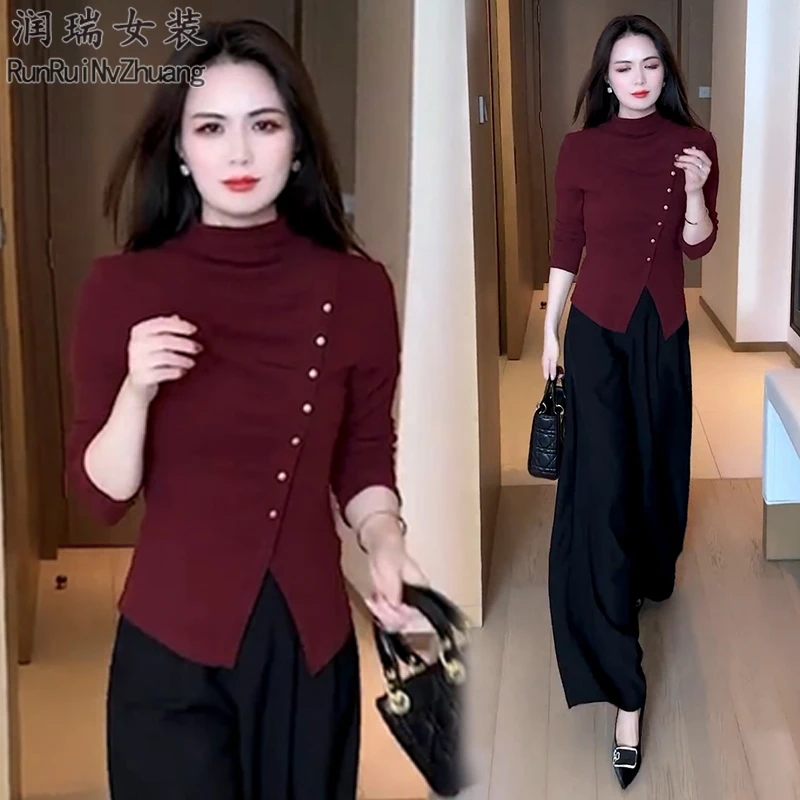 极简风时尚套装女2025秋季新款不规则高领长袖打底衫阔腿裤两件套