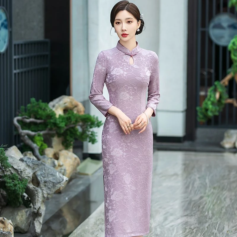 2420秋季长款针织长袖提花纯色水滴领旗袍喜妈妈喜婆婆礼服婚宴