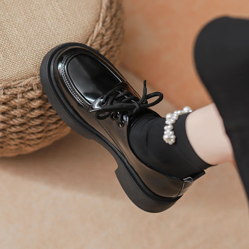 软真皮~2025新款秋冬黑色乐福单鞋厚底英伦风JK系带小皮鞋女爆款
