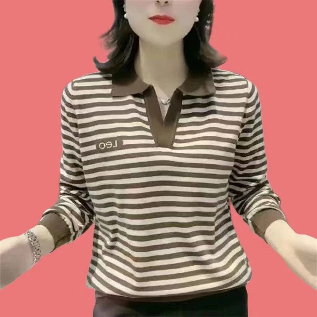 春秋新款POLO衫T恤女条纹宽松遮肚休闲打底衫妈妈美式上衣长袖顺
