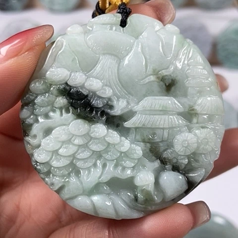 翡翠颈饰未镶嵌山水牌福利有棉感