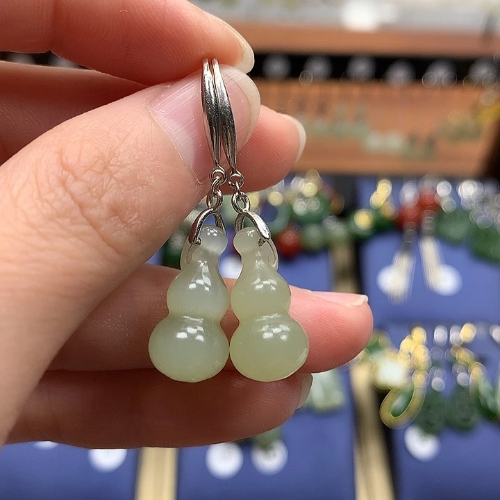 和田玉银S925镶嵌耳饰葫芦18左右晴水