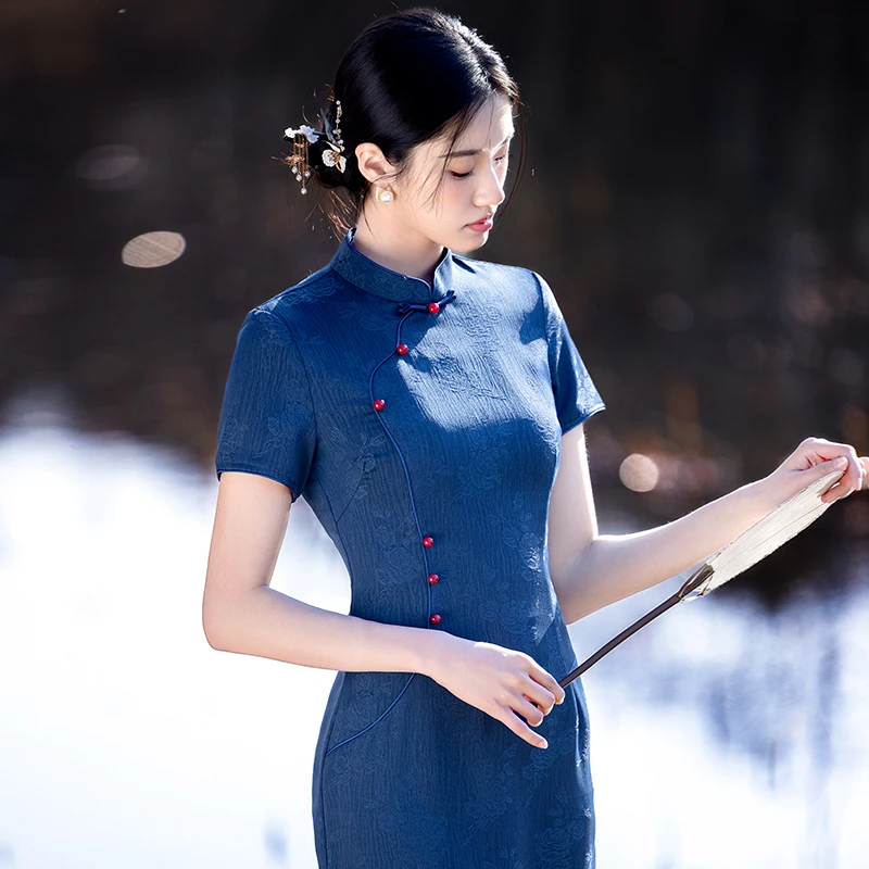 新中式旗袍2025夏季高端老上海素雅国风礼服日常可穿改良蓝色裙子