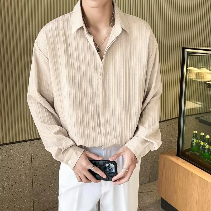 肌理设计褶皱质感男士长袖衬衫宽松免烫垂坠春夏防晒白色轻奢高级