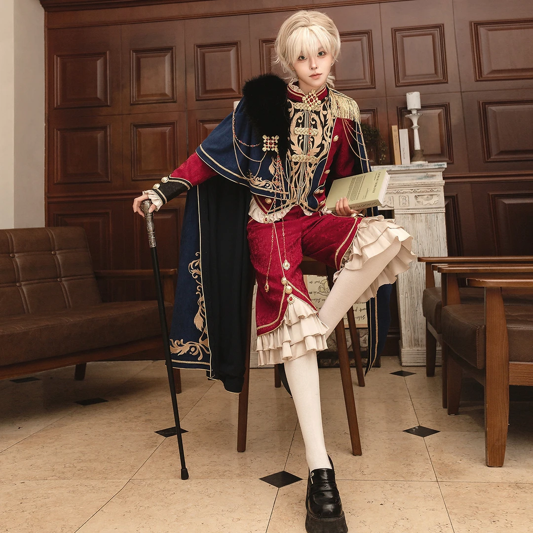 锦慕Lolita皇室荣耀复古欧式宫廷王子装红蓝色军lo基佬装斗篷套装