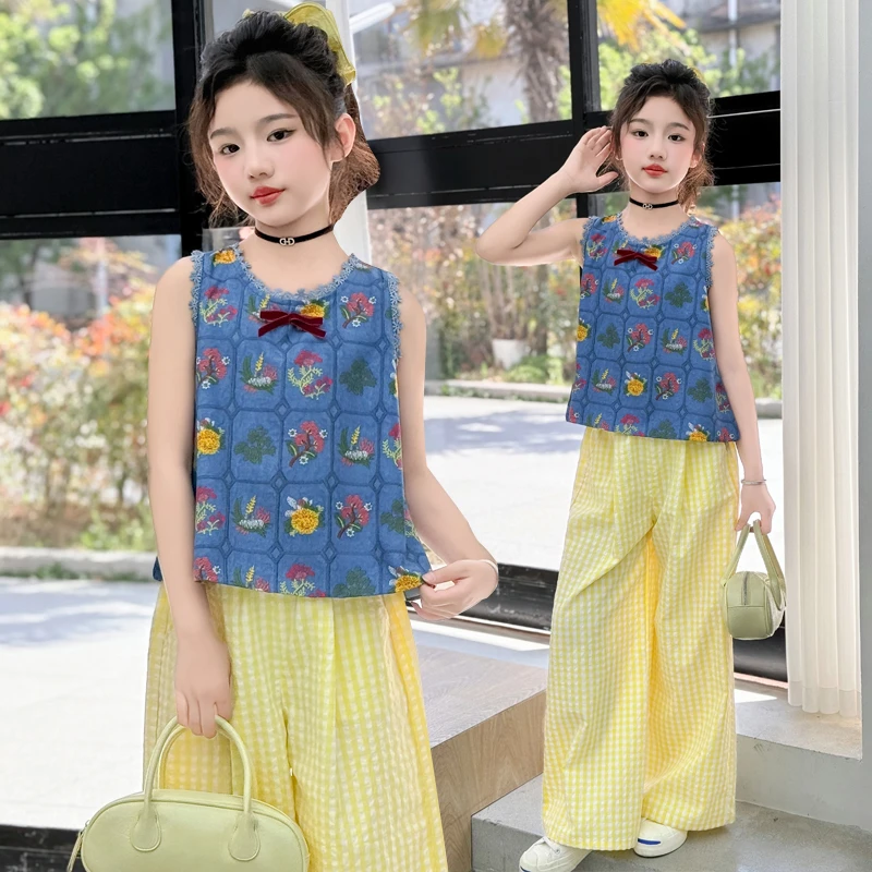 女童韩版甜美风套装2025夏新款复古刺绣马甲背心格子休闲裤两件套