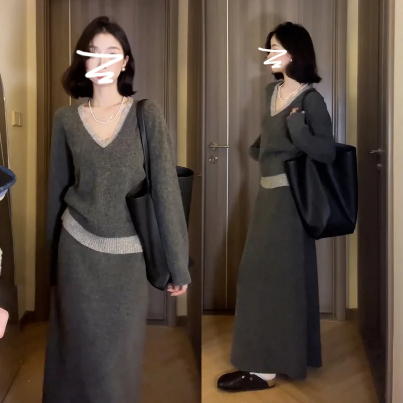 【清仓】灰色针织毛衣套装连衣裙子女早秋季2025新款一整套开秋7553