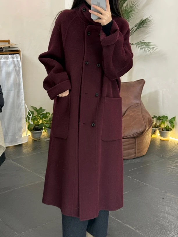 7280#新款双面羊毛大衣排扣韩版时尚（搭配刷子）