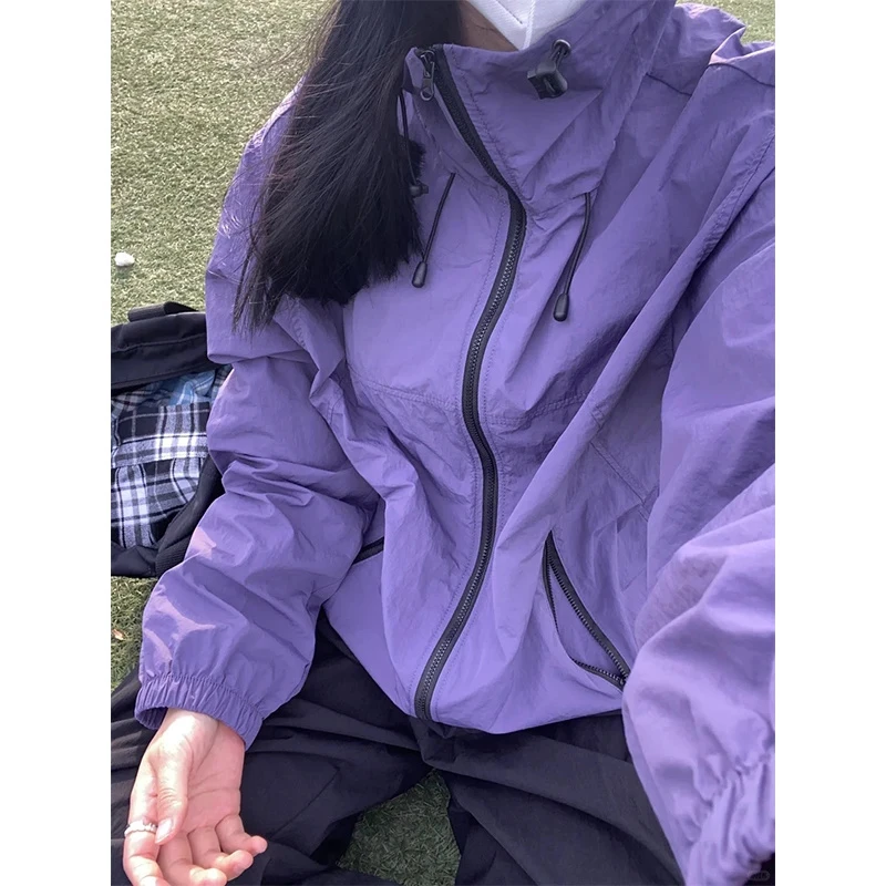 乌梅紫色凉感户外防晒衣外套男女机能拉链皮肤衣连帽速干冲锋衣服