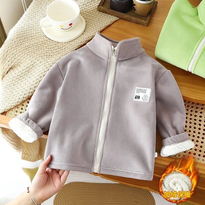 儿童奥利绒外套男童加绒立领外套女童加厚保暖一体绒韩版外穿开
