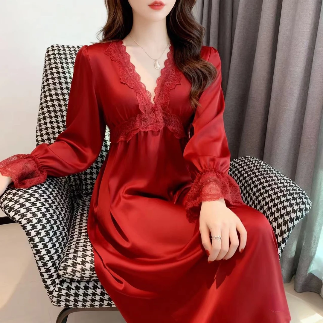 高档水光绸红色战袍睡裙女法式V领蕾丝花边长袖长裙家居服可外穿