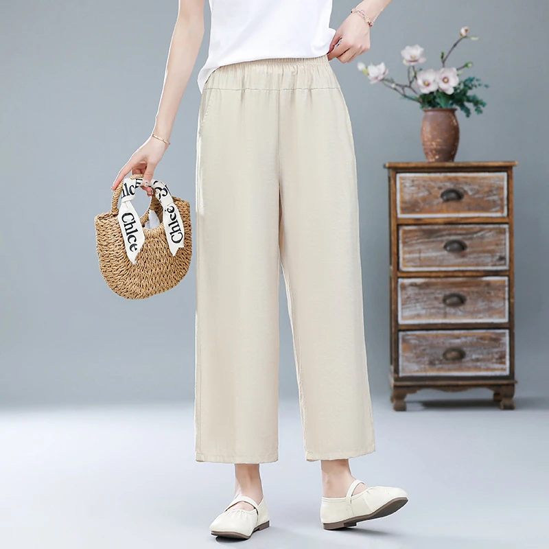 妈妈装夏季直筒裤子外穿松紧腰九分裤中老年女装遮肉大码纯色裤子