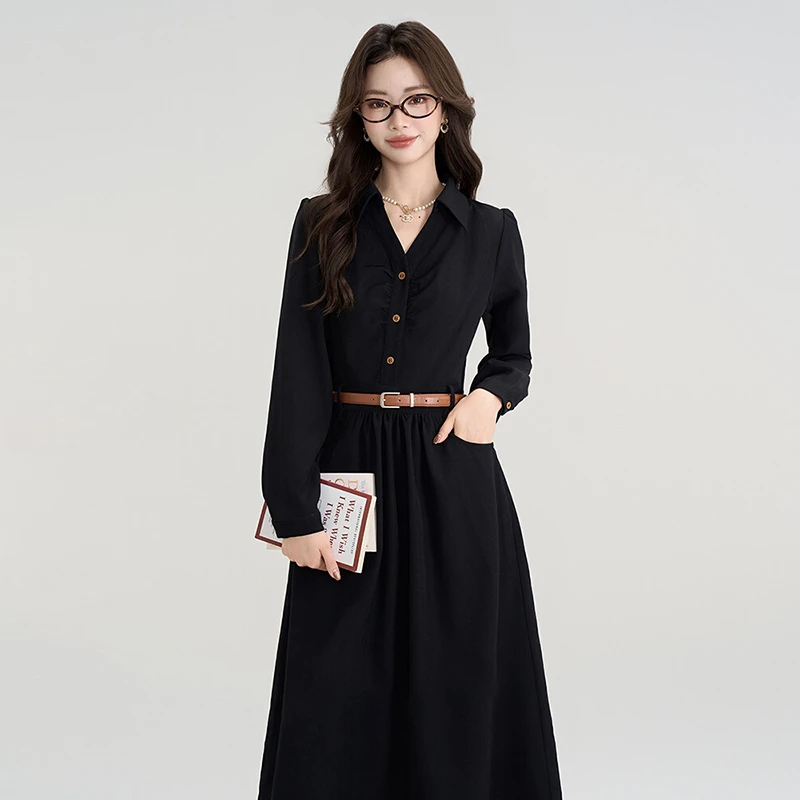 【送腰带】小黑裙衬衫裙收腰连衣裙女新款教资面试服装D0340