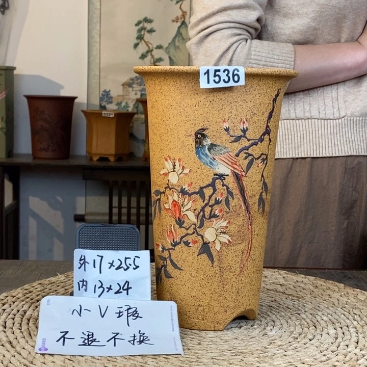 紫砂花盆  微瑕柴烧彩绘圆签筒1536