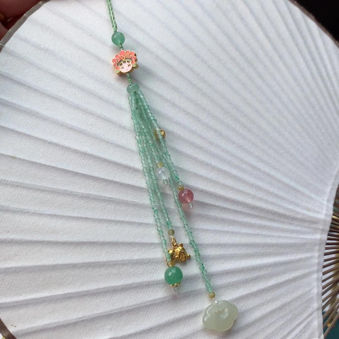 石英质玉冰飘花精品手机链银S925镀金镶嵌