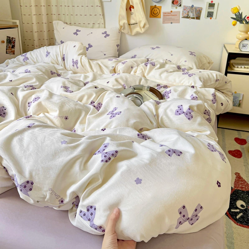 【蝴蝶结-浅紫】外贸尾单水洗双层纱四件套小清新卡通时尚柔软透气