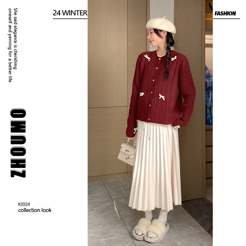 沫沫严选●2025新款蝴蝶结针织套头开衫毛衣搭孕妇百褶半身裙套装