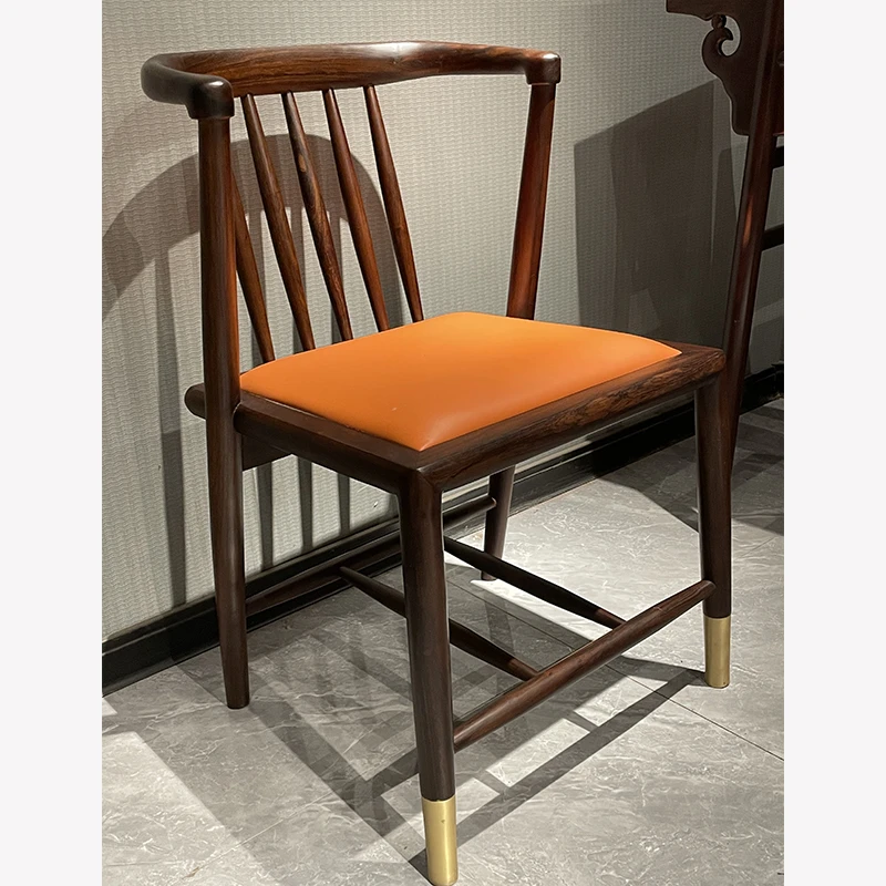 水一方 实木真皮餐椅酸枝木椅子榫卯结构休闲椅新中式椅半圈椅