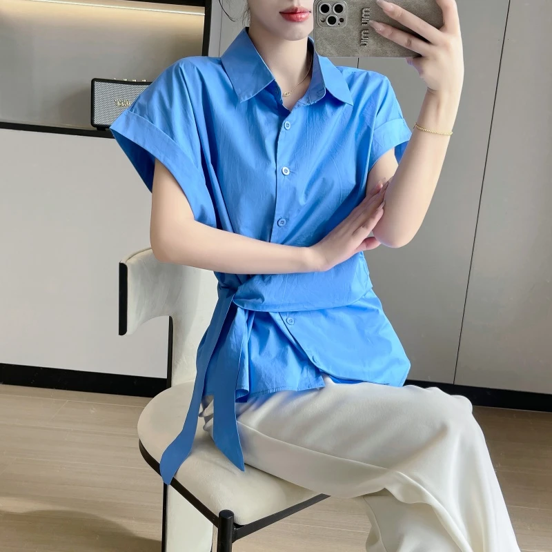 韩版系带收腰单排扣短袖衬衫2025夏季新款女设计感别致不规则上衣