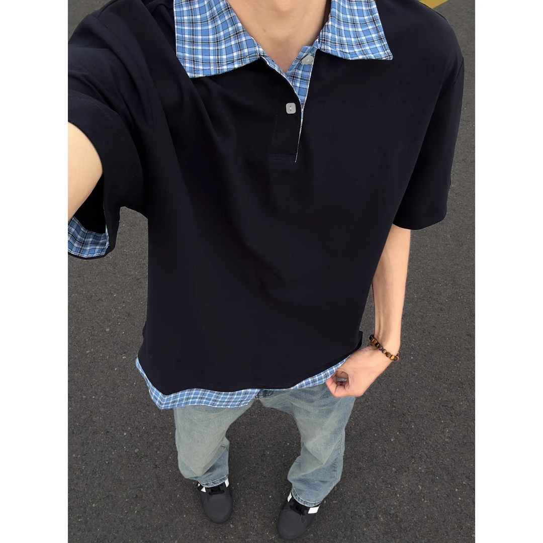 藏青色假两件短袖polo衫男款夏季格子拼接衬衫领t恤重磅正肩半袖