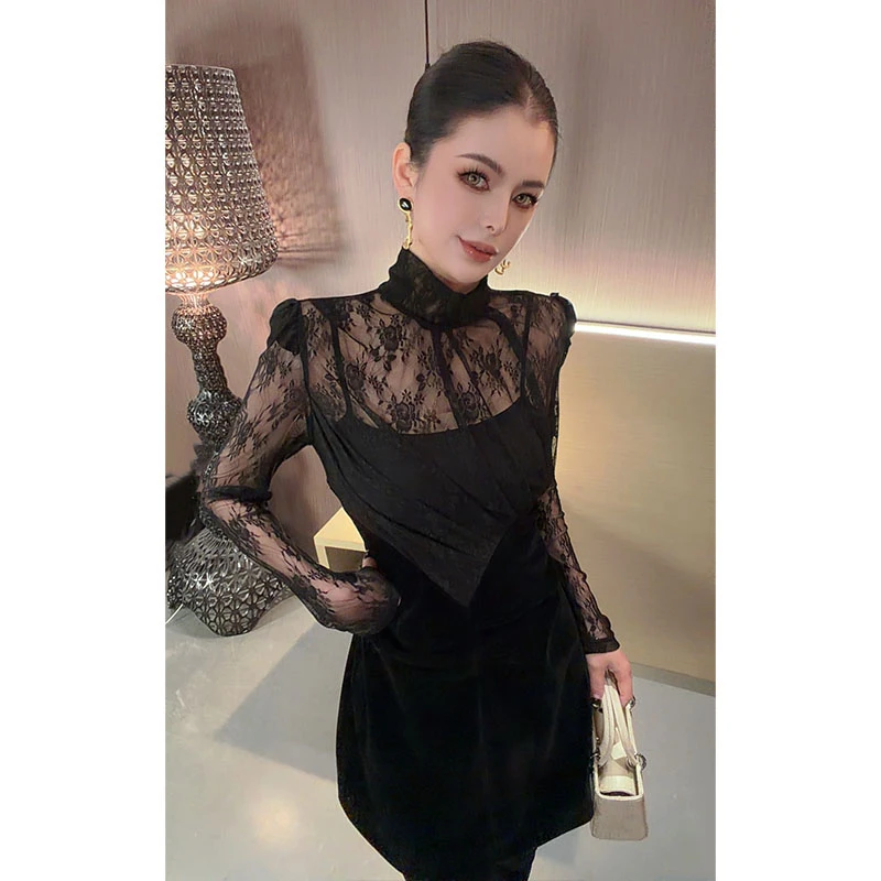 半高领蕾丝压褶拼接丝绒连衣裙Q31497