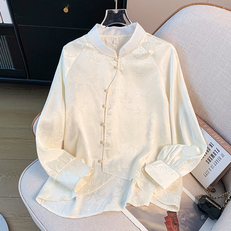 新中式上衣汉服女装春夏新款国风盘扣衬衫高级感杏色衬衣长袖大码