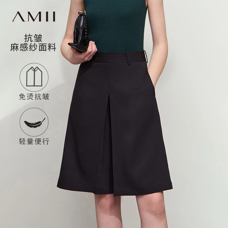 Amii宽松微弹设计感插袋阔腿休闲短裤女12541052