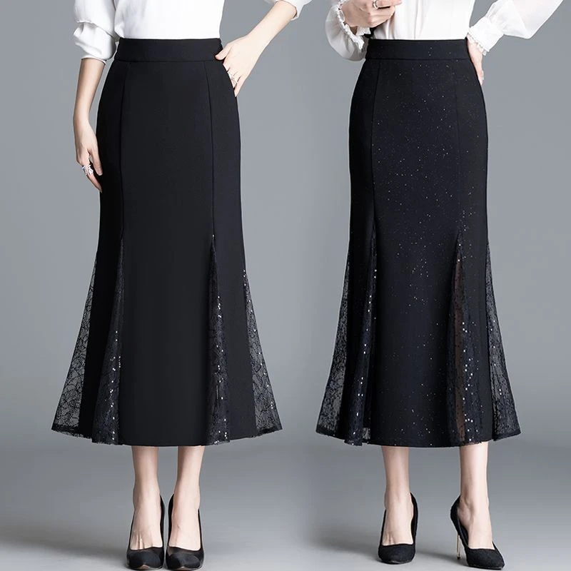 新款春夏简约高腰A字裙中长款拼接蕾丝鱼尾显瘦半身裙满天星烫银