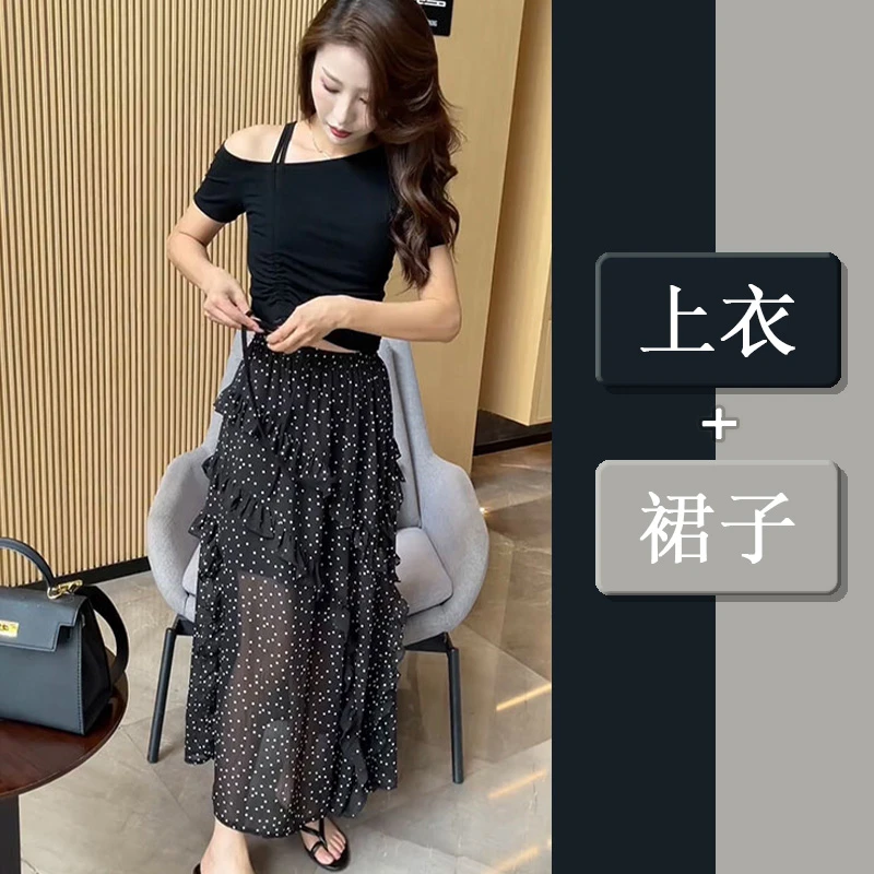 2025超火两件套夏装时尚气质抽绳斜肩上衣短袖t恤高腰半身裙套装