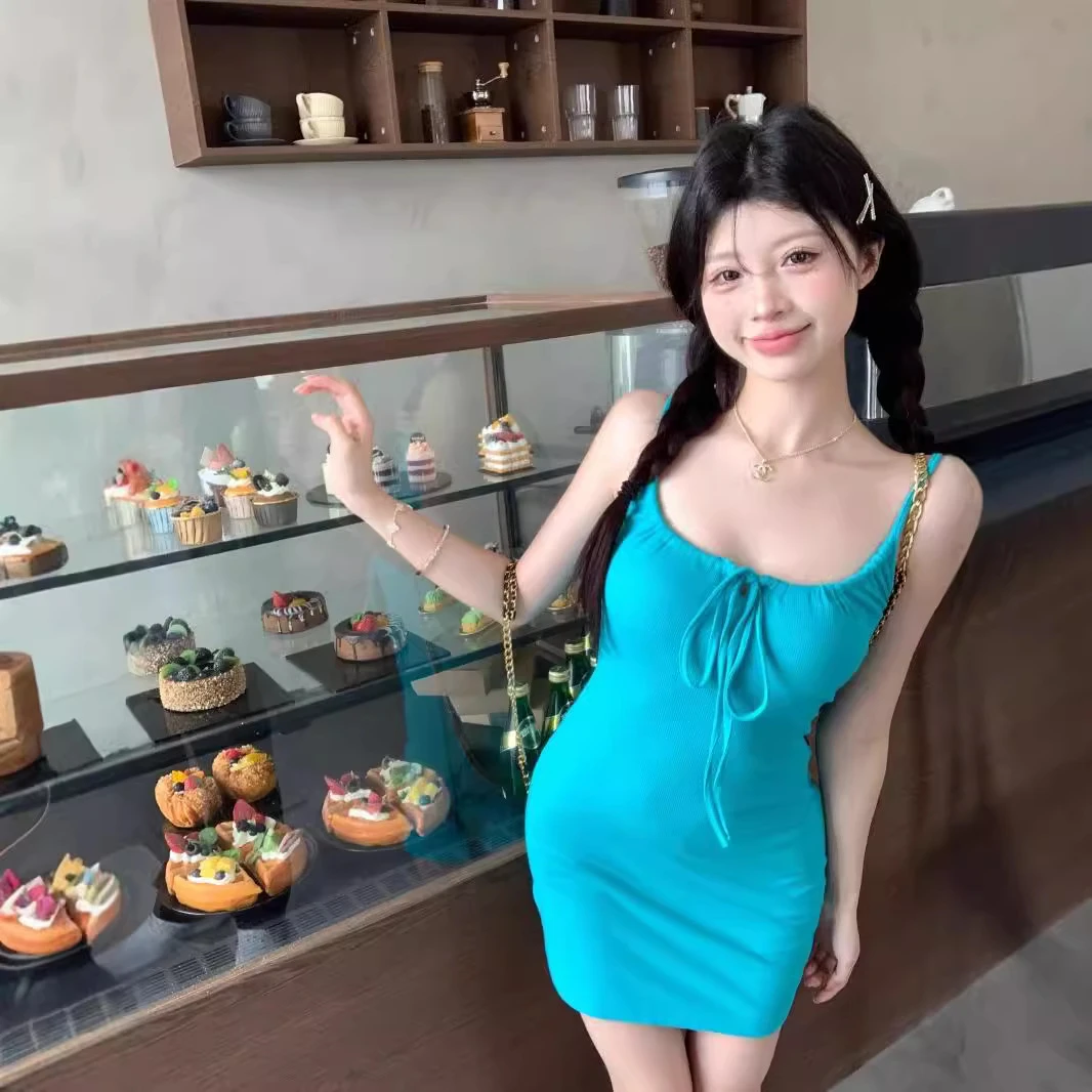 蓝色甜辣妹抽绳蝴蝶结U领吊带连衣裙女小个子纯欲风显瘦包臀短裙
