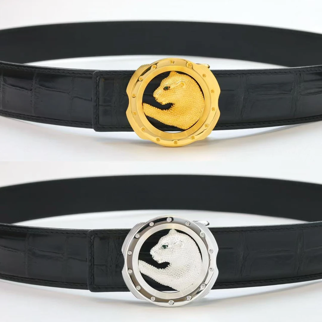 高端豹子鳄鱼皮3.8宽打孔金属包金包真皮带扣彰显鳄鱼皮腰带皮带