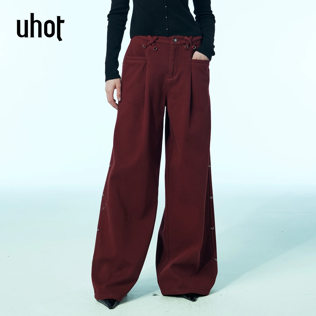 UHOT/诱货红色秋冬女士加绒牛仔裤高腰阔腿优雅保暖新款UWWW6K261