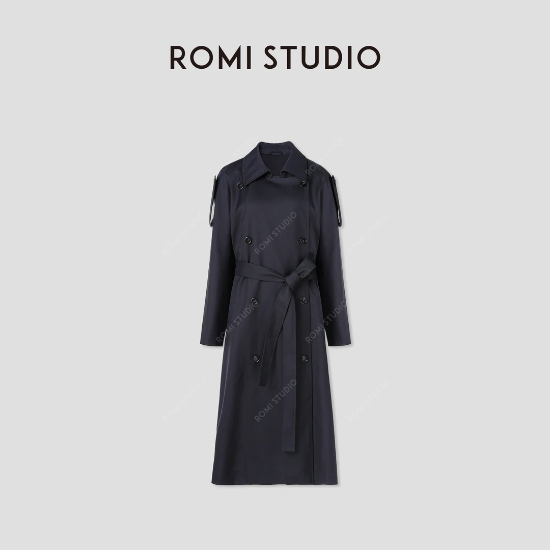 ROMI STUDIO“自我风度” 绵羊毛混纺半里衬腰带风衣外套 441DM051