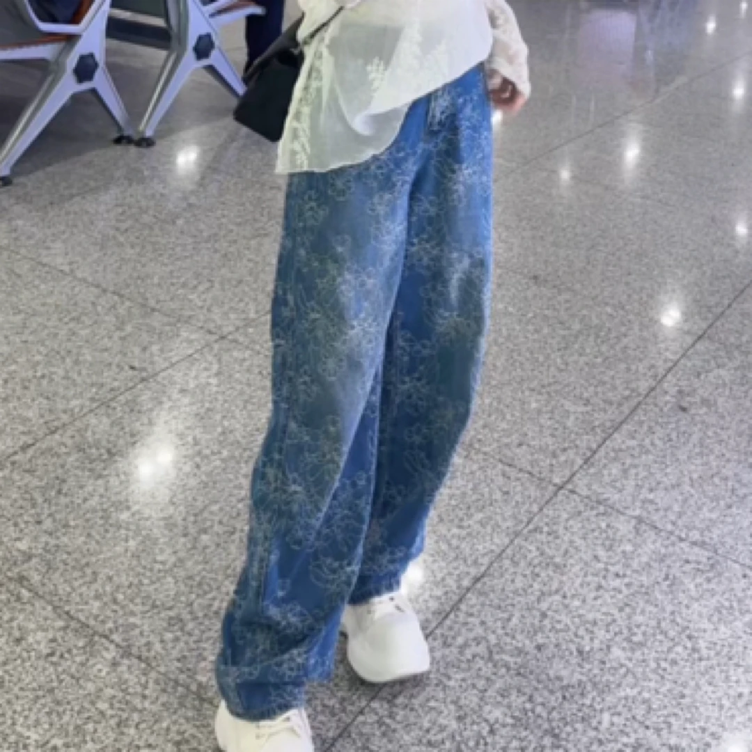 焕焕自留款 欧货印花牛仔阔腿裤