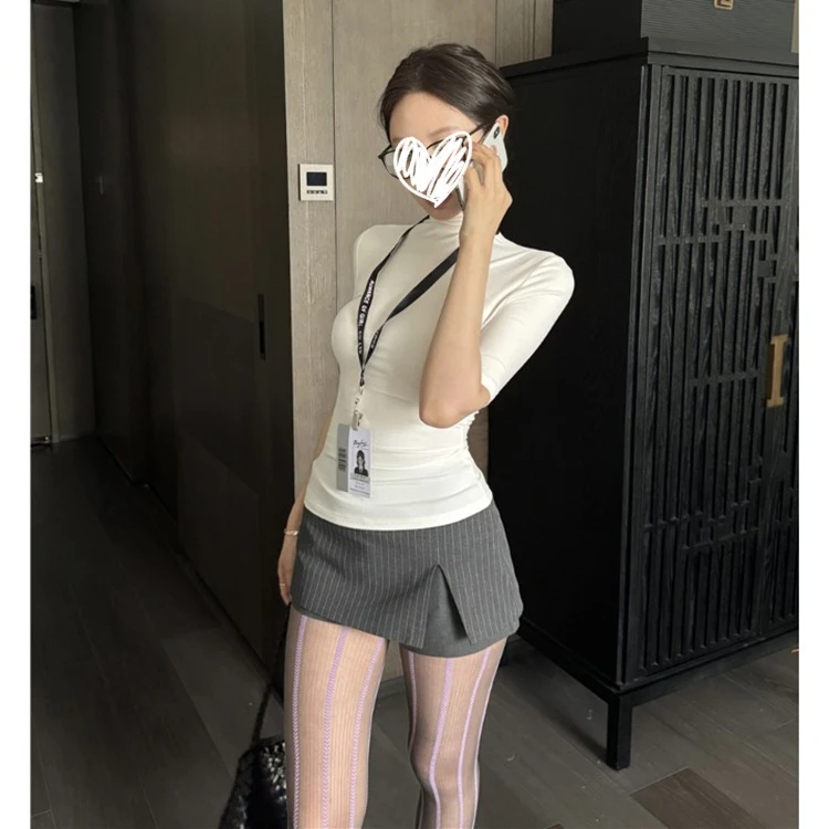 白色恤女2025春夏季新款半高领修身性感圆领恤五分袖高级感