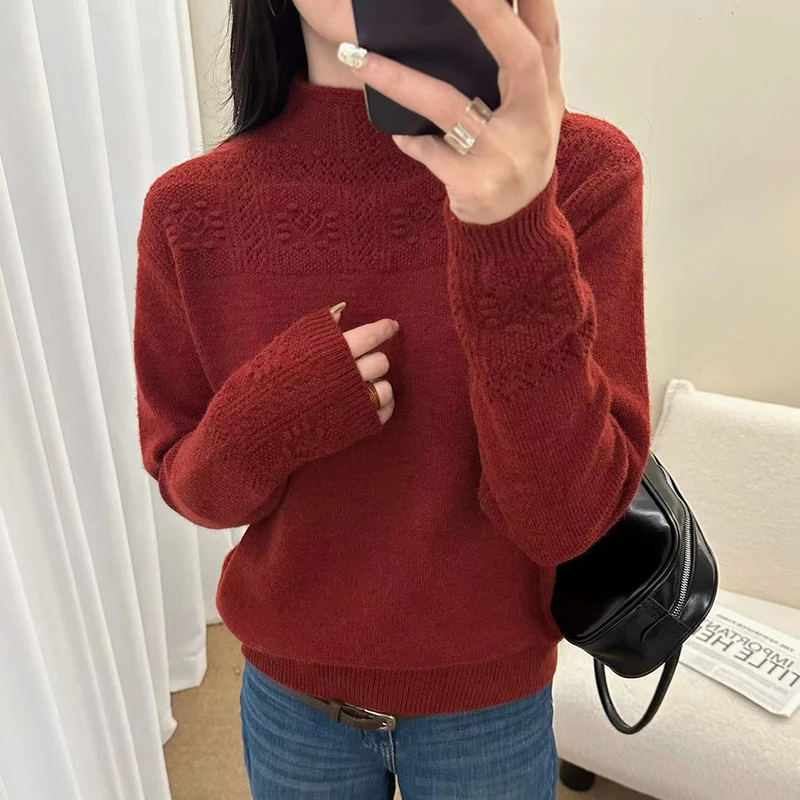 设计感钩花半高领针织衫女2025冬季新款气质洋气宽松显瘦上衣