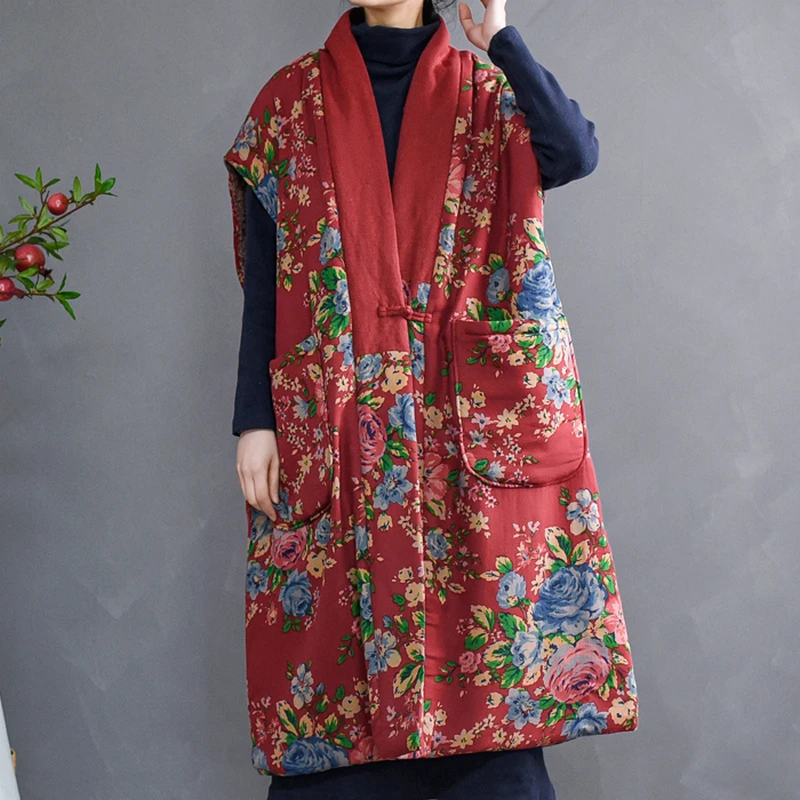 民族风复古盘扣碎花夹棉马甲外套女冬中长款加厚保暖无袖外搭大衣