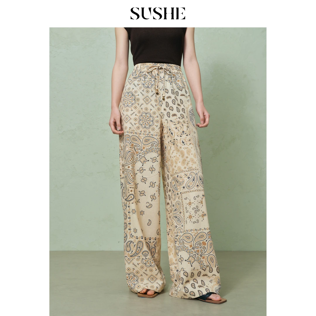 束皙SUSHE屿风复古腰果花亚麻透气2025直筒宽松垂感阔腿裤高腰