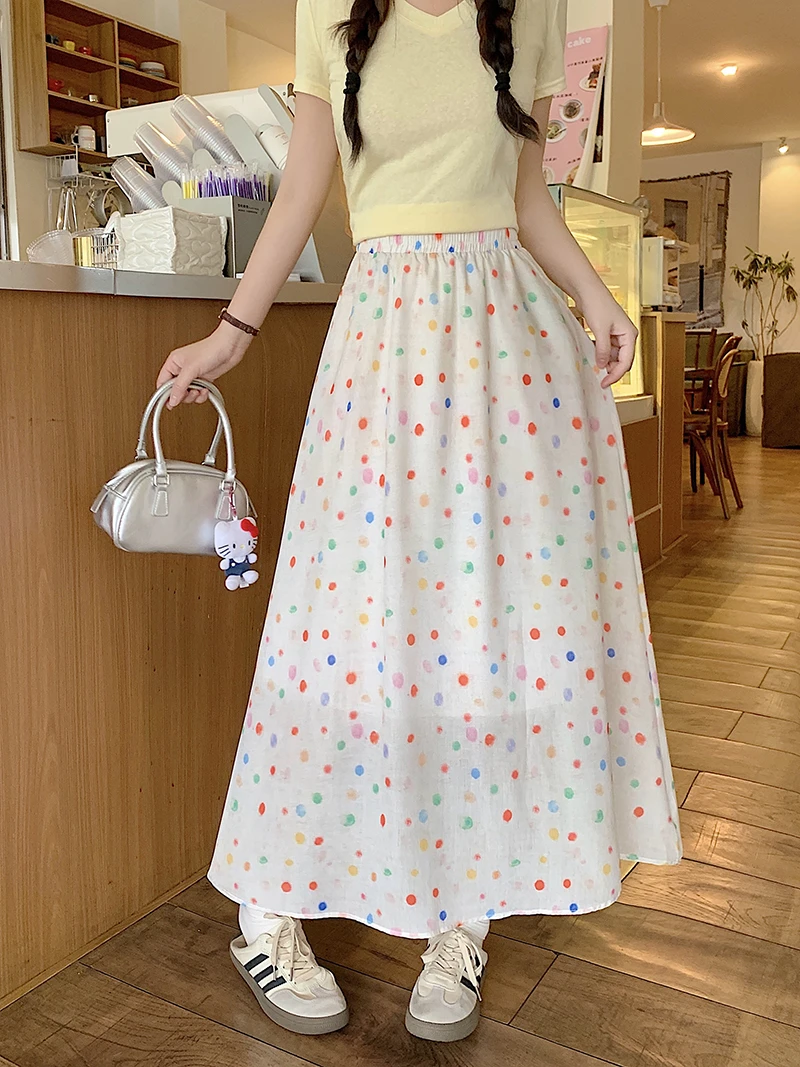 胖mm大码女装中长裙波点印花法式夏季女半身裙高腰时尚极简风碎花