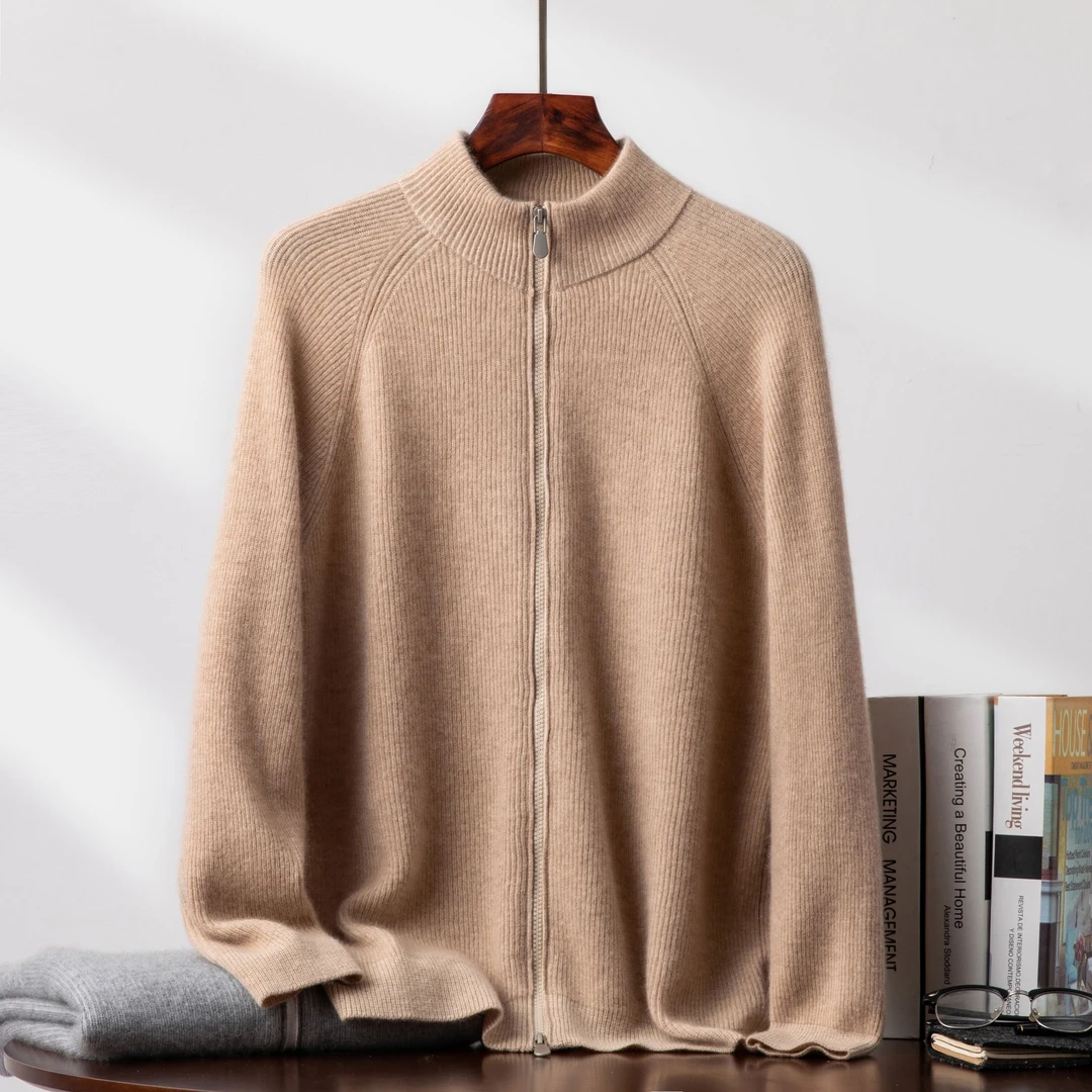 LP同款特惠】男士纯山羊绒半高领时尚经典针织长袖双拉链外套开衫