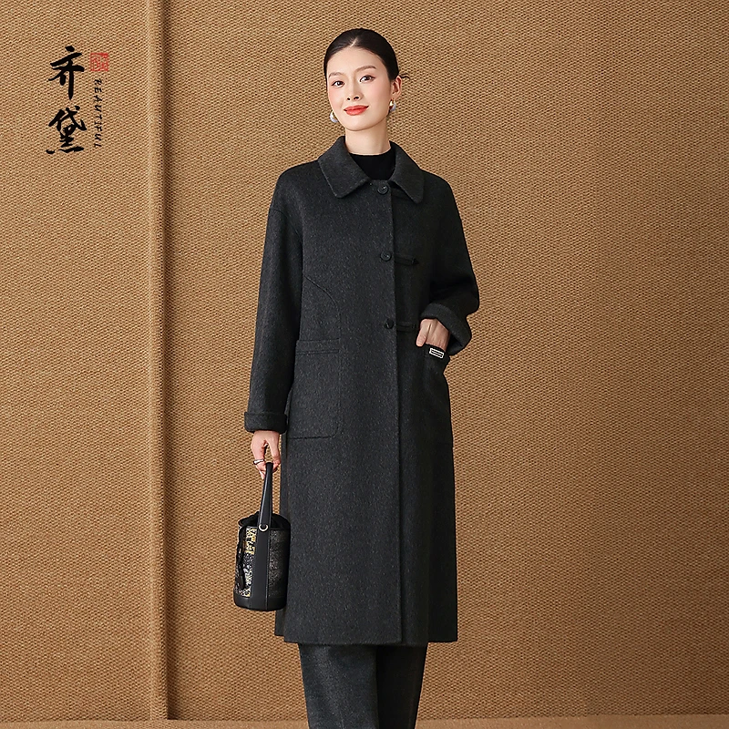 灰色双面羊绒大衣女中长款2025秋冬新款高端妈妈羊毛呢子风衣外套